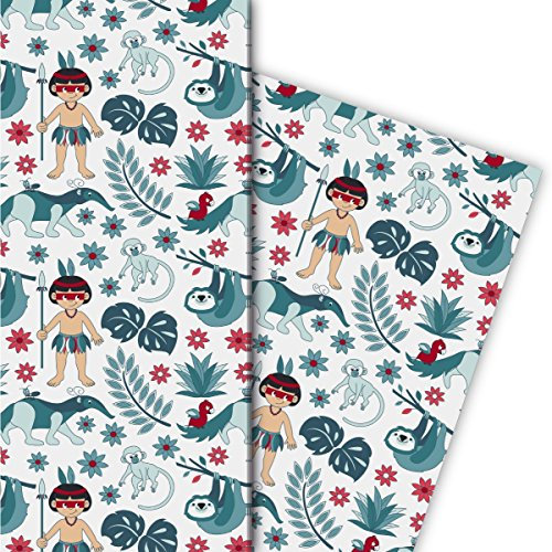 Cooles Indianer Geschenkpapier Set (4 Bogen), Dekorpapier, Papier zum Einpacken mit Faultier, Affe und Ameisenbär, für tolle Geschenk Verpackung und Überraschungen 32 x 48cm