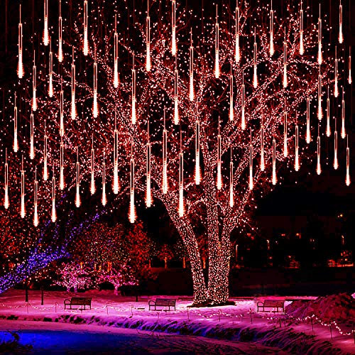 KINGCOO 360LED Meteoritenschauer Lichterketten Garten, Wasserdicht 30cm 10 Tubes Fallende Regentropfen Solarleuchten Dekorative Lichtschläuche für Außen Party Hochzeit Weihnachtsbaum(Rot)