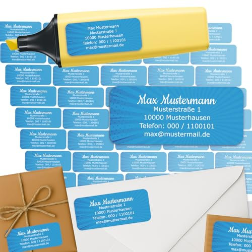 Adress-Etiketten - Adress-Aufkleber Sticker Namensaufkleber mit Ihrem Wunschtext 57x 23mm, für 1 bis 5 Zeilen Text - 45 Stück 45 Hintergründe zur Auswahl (01 Comic Blau blue)