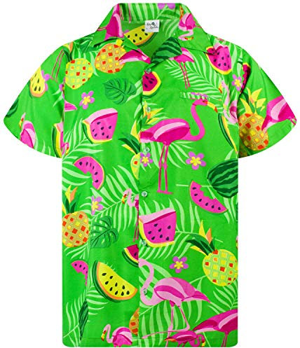 King Kameha Hawaiian Shirt Men Fruit-Designs Regular-Shirt Short-Sleeve, Flamingo-Melon, Green, XL