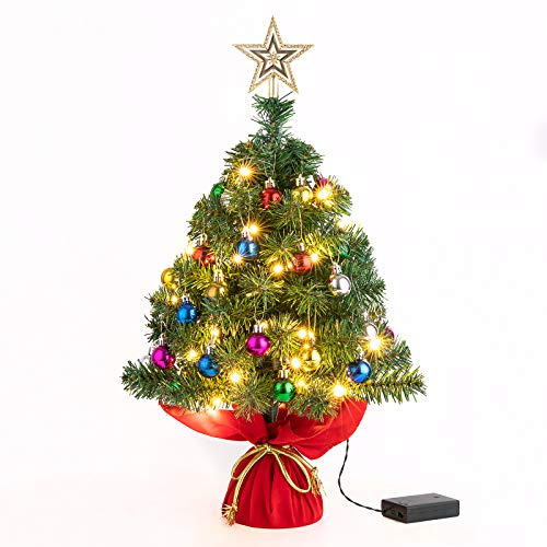 Sunnyglade 22Inch Tabletop Christmas Tree Mini Artificial Christmas Tree with 30 LED Lights & 24 Pcs Xmas Ball for Table Top Desk Classic Series Holiday Decoration (Green)