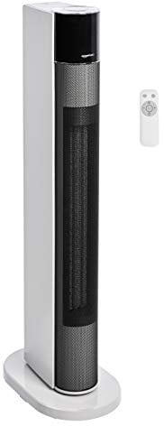 Amazon Basics ECO Oscillating Portable Tower Heater, 2 Fan Speeds, 3 Heat Settings, Timer and Remote Control, with UK plug, 2200W, White
