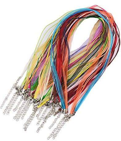 FSSTUD 50 PCS Colorful Voile Ribbon Necklace Cord Waxed Necklace Chain with Lobster Claw Clasp
