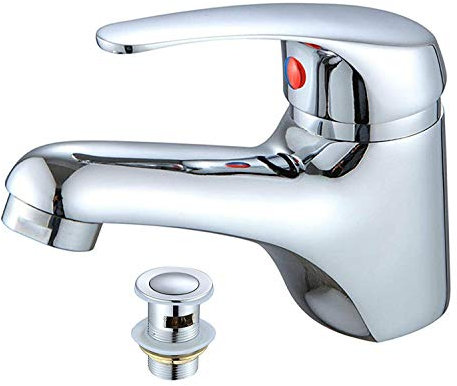Modern Basin Sink Tap Square Mixer Chrome Monobloc Bathroom Cloakroom with Waste, Bathroom Taps Basin Sink Monobloc Mixer Faucet Cloakroom Tap & Free Fixings