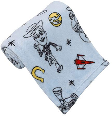 Disney Toy Story 4 Super Soft Blue, Yellow, Red Buzz Lightyear Woody Star Rocket Horse Shoe French Fiber Baby Blanket, Blue, Red, Yellow