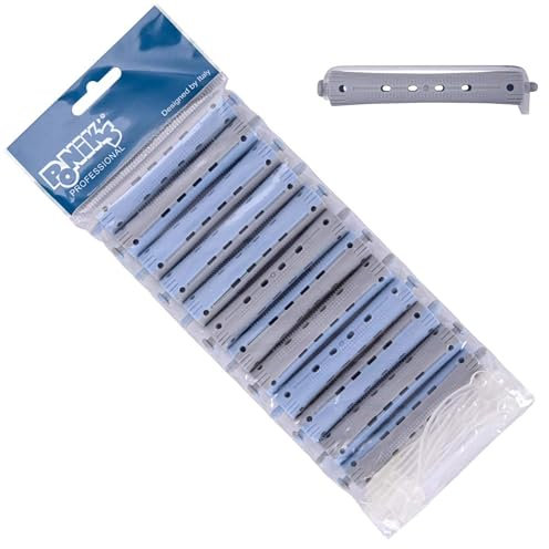 PONIK'S PROFESSIONAL - Dauerwellen Wickler, Lockenwickler für Dauerwelle Set, Haarwickler 12 Stück, Lockenwickler Dauerwelle 13 mm, Klein Kaltwellwickler mit Rundgummilaschen - Blau Grau