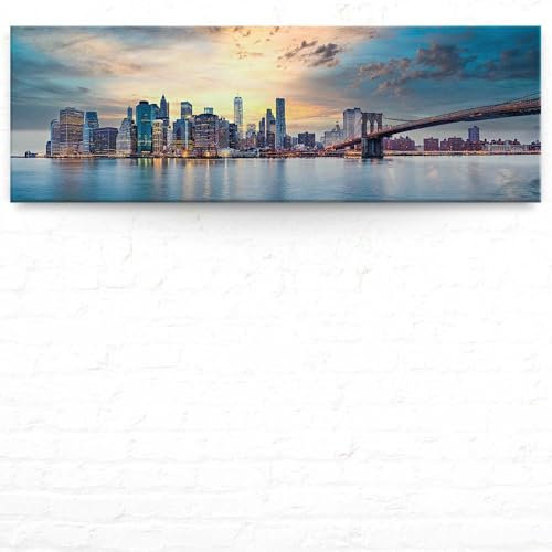 Wandbild Skyline New York City - 150x50cm - als Panorama Leinwandbild - Skyline Manhatten mit Brooklyn Bridge USA - mit Aufhänger