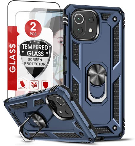 LeYi Cover per Xiaomi Mi 11 Lite 5G NE/Mi 11 Lite 4G&5G con [2 Vetro Temperato], anello di supporto militare anti-caduta rinforzato difesa antiurto TPU morbida e PC rigida protezione custodia blu