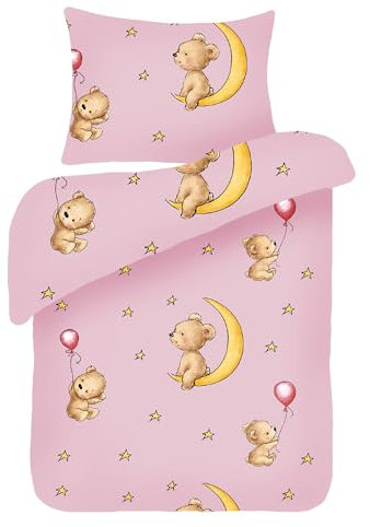 Kinder Bettwäsche 2-TLG (100x135cm / 40x60cm) Bettdecken Set, 100% Baumwolle - Babybettwäsche mit Motiv - Bärchen Rosa