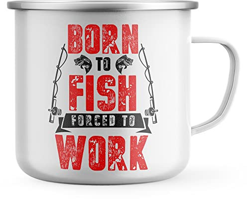 Purple Print House Born To Fish Enamel Mug, Fishing Gifts for Him, Birthday Camping Gift, Camping Coffee Cup for Fisherman, Fishing Presents For Dad and Grandad, One Size, White