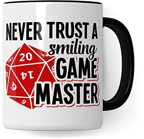 Game Master Tasse à café avec inscription en allemand « Never Trust a Smiling Gamemaster » et « Fantasy Pen & Paper Tabletop D20 »