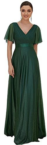 Ever-Pretty Robe Mère de Mariée Longue Col V Manches Courtes Tulle A Line