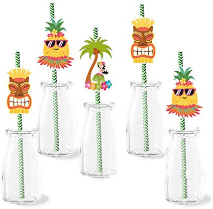 ABOOFAN 36Pcs Hawaiian Party Paper Straws Tropical Striped Decorative Straws Tree Drinking Fruit Hawaiian Beach Cocktail Luau Party Supplies