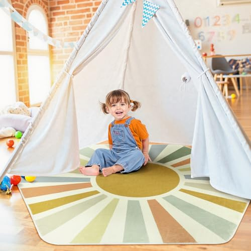 STARUIA Sechseckiger Sonnen-Boho-Teppich für Eingangsbereich, 1.2x1.8 m, waschbar, farbenfroh, Kinderzimmer, ultraweich, rutschfest, Teppich, Spielmatte für Klassenzimmer, Wohnzimmer