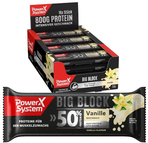 Power System Big Block Vanille, 50 g Protein pro Eiweißriegel, 16 x 100 g | Proteinriegel mit 50 % Eiweiß und wenig Zucker, ideal nach dem Training, fürs Büro und unterwegs, Maxi-Portion