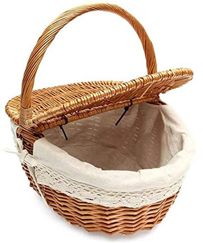1 Stück Picknickkorb, Weidenkorb Rattan Pastoral mit Deckel Ovaler Picknickkorb Einkaufskorb Handgewebtes Gänseblümchen-Leinen