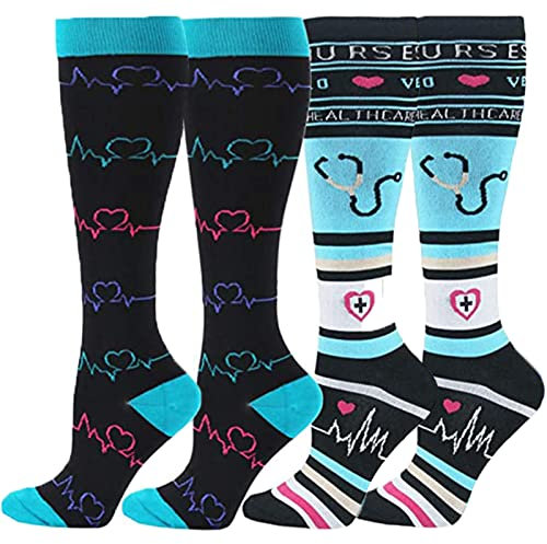 animacoser 2 Paar Stützstrümpfe Medizinisch, Kompressionsstrümpfe Damen Herren Medizinisch, Bunte Coole Sport Kniestrümpfe (as3, alpha, l, x_l, regular, regular, Schwarz)