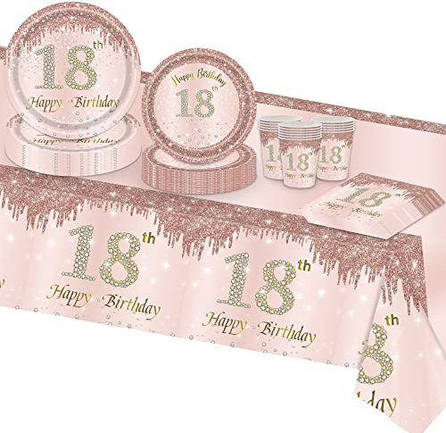 TOPWAYS 18 Años Cumpleaños Platos Desechables Vajilla Set, Oro Rosa Papel Desechable Platos Taza Mantel para Fiesta Decoración 18 Cumpleaños Mujeres Niña, 16 invitados (Cumpleaños 18)