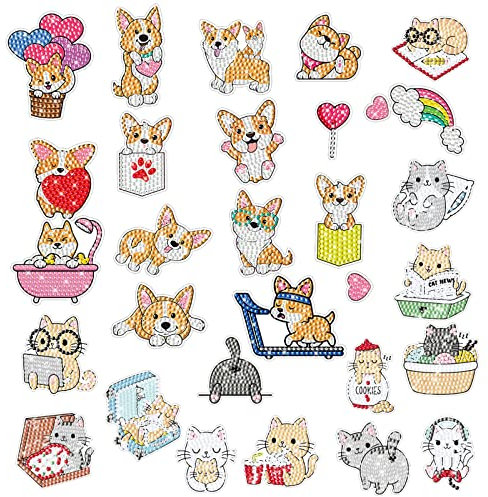 Diamant Malerei Aufkleber, Hunde und Katzen Diamond Painting Sticker Set für Kinder Erwachsene, Diamant Mosaik Aufkleber Kunst und Handwerk Set für Scrapbooking, Notebooks, Tassen, Gepäck, Laptops
