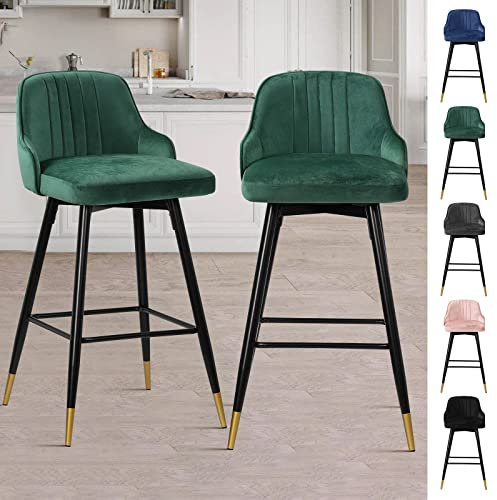 Bekrvio Lot de 2 tabourets de bar en velours – Chaises de bar pivotantes à 360° avec dossier et repose-pieds – Tabourets de petit-déjeuner modernes pour cuisine – Charge maximale de 150 kg – Vert