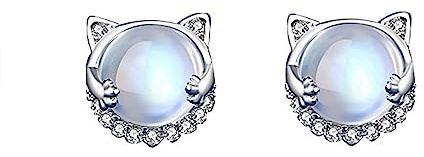 Bellitia Jewelry Damen Ohrringe Sterling Silber 925 Mondstein & Zirkonia Ohrstecker, Katze Tier Ohrringe Katze Mondstein Ohrschmuck Geburtstag Geschenke für Frauen Mädchen