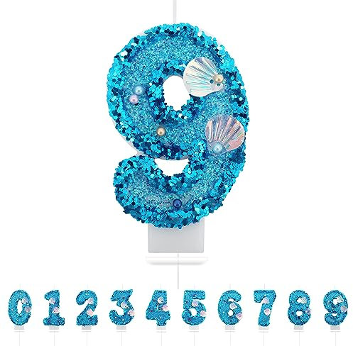 Geburtstagskerzen Zahlen 9,3D Meerjungfrau Geburtstagskerzen,Blau Geburtstag Kerzen 9, Kuchen Topper Dekoration Kuchendeko Geburtstag, Geburtstagskerzen für Geburtstagsdeko