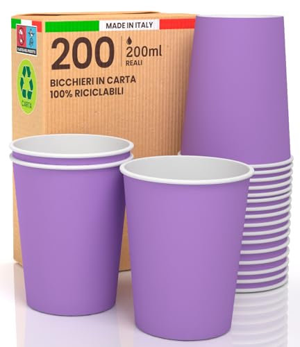Lot de 200 gobelets en papier, 200 ml, écologiques, biodégradables, jetables fabriqués en Italie, emportent des boissons chaudes et de l'eau colorées, lilas, fabriqués et emballés en Italie