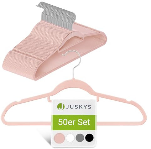 Juskys Set da 50 grucce Appendiabiti con Velluto Floccato Rosa – Antiscivolo, Strette, salvaspazio – Gancio Girevole