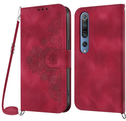 NETANY Handykette Hülle für Xiaomi Mi 10 5G / 10 Pro 5G, Handyhülle Hülle mit Kette Klappbar, PU Leder Magnet Necklace Klapphülle und Umhängeband Lanyard Flip Stoßfest Schutzhülle mit Band (Rot)