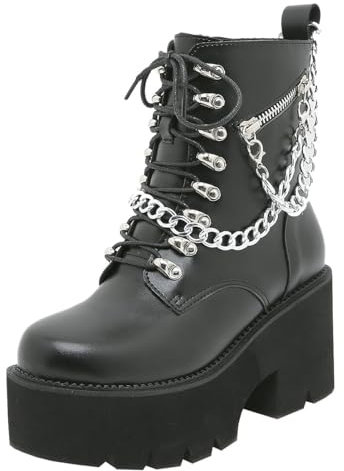 Etebella Damen Gothic Plateau Stiefeletten Blockabsatz Ankle Boots zum Schnüren Punk Combat Schuhe(Schwarz,39)