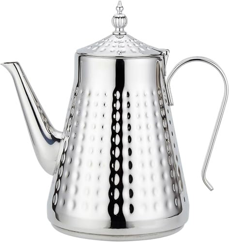 SANQIAHOME Stainless Steel Teapot 1.8L(60oz) 6-8 Cups,with Removeable Infuser,Good Pour,Hammer Patterned, Brew Loose Leaf Tea Bag,Silver