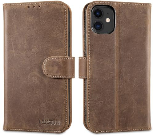LENSUN Genuine Leather Case for iPhone 11, Mobile Phone Case [Genuine Leather] [Stand Function] [Card Slots] Mobile Phone Case Leather Case Foldable for iPhone 11 6.1 Inch Vintage Dark Brown