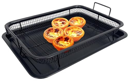KAILIYA Large Air Fryer Basket with Tray for Oven 11.8 x 8.7 Stainless Steel Air Fryer Basket and Tray Set Nonstick Bakeware Sets Air Fry Crisper Tray with Baking Pan Silver Black