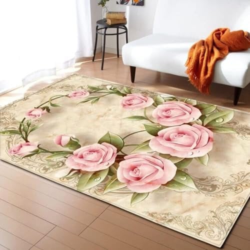 HATEGE Teppich Wohnzimmer 80 x 160 cm Waschbar Rosa Rosen, Outdoor Teppiche Kurzflor 3D Beige, Carpet Flauschig Rosa Rosen 2510AZ