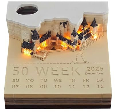 3D Memo Pad Art Sticky Notes, 2025 Desk Calendar with LED Light, Non-Stick Note Pad, Time Piece Calendar, 3D Calendar Paper Carving Art Memo Pad Notepad Gift for Christmas Desktop Decoration