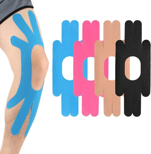 PreCut Kinesiotapes, 4 PCS Hautfreundlich Kinesiotapes Vorgeschnitten für Knie Kinesiologisches Physio Sport Tape, Wasserfestes und Elastisches Physio Tape für Knieschmerzen