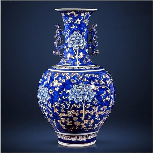 CCKUHN Vase aus Keramik mit Golddekoration, handbemalt, blau-weißes Porzellan, große Vase im chinesischen Stil, Blumenarrangement für das Wohnzimmer, Hellgrau (A Gelb) (Hellgrau)