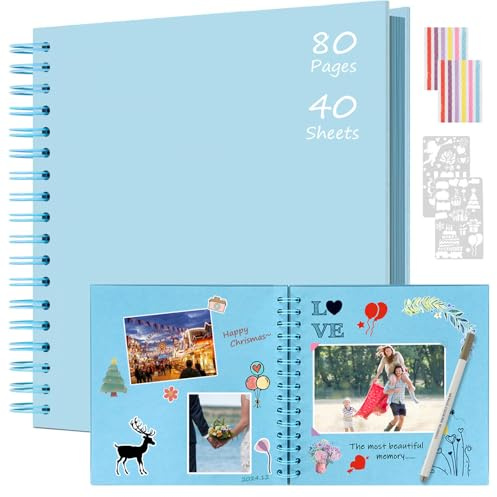 Boic Fotoalbum zum Selbstgestalten 24x24cm, DIY Spiralalbum 80 Seiten Fotoalben Scrapbook, Fotobuch für Baby Valentinstag Geburtstag Weihnachten Geschenk (Blau)