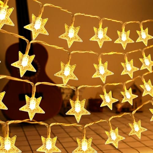 BOLWEO LED Lichterketten Sterne Außen, 3M 20LED Fünfzackige Batteriebetriebene IP65 Wasserdicht Lichterkette mit Timer für Garten Party Weihnachten Innen Außen Dekorationen, Warmweiß