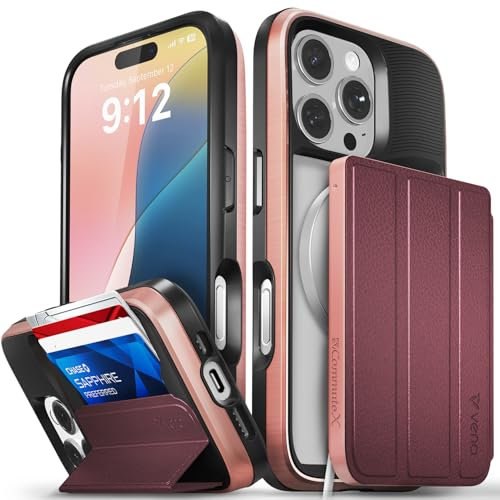 VENA vCommuteX for iPhone 16 Pro Wallet Case (MagSafe Compatible), [Military Grade Drop Protection] Detachable Leather Cover Slot Card Holder with Kickstand - Red