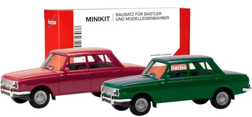 Herpa Modellbausatz MiniKit Wartburg 353 66, 2er Set, Karminrot/Atlantikgrün, Miniatur im Maßstab 1:87, Sammlerstück, Kit für Modellbau, Kunststoff