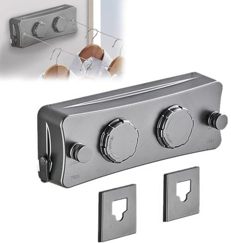 Tendedero Retráctil, Tendedero Extensible Pared, 5.1m Ajustable Inoxidable Cuerda Retráctil Pared Montado, Tendedero de Doble Cuerda Botón de Tensión para Balcón Lavadero Dormitorio