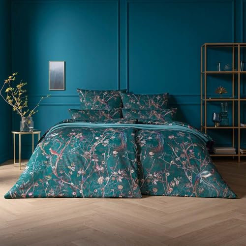 ESTELLA Mako-Satin Bettwäsche 135x200 Marcella blautanne Vögel Äste Blüten 7955-581