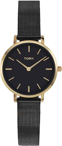 TORII Damenuhr Schwarz Edelstahl - rund Quarz G28BS.BG Milanaise-Armband Strichindizes wasserdicht 50 m