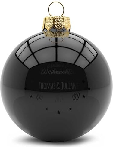 GRAVURZEILE Weihnachtskugel mit Gravur - Unser erstes Weihnachten - Personalisiert mit Namen & Jahr - Festliche Christbaumkugel für Paare als Weihnachtsdeko - Farbe: Schwarz Glänzend - Größe: 8 cm
