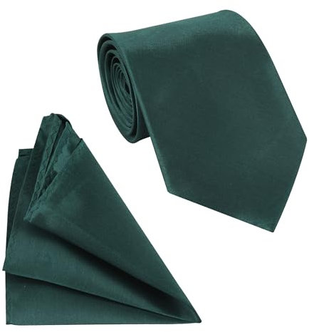 Trimming Shop Solid Satin Neck Tie and Pocket Square Set for Men 149 x 8cm Classic Tie with Handkerchief Business Plain Necktie Handkerchief Set for Wedding Birthday Party Formal & Casual - Dark Green