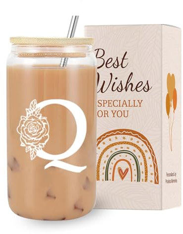 VivaJoy Tasse en verre initiale – Cadeau monogrammé pour femme, tasses en verre avec couvercles, pailles, café glacé, smoothie – Verre à bière personnalisé pour Noël, d'anniversaire pour sa maman,