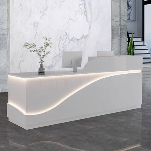 GUQASDV Empfangstheke Rezeption, Empfangstresen für Praxis, Reception Desk Salon, Rezeptionstheke Holzwerkstoff mit Lichtstreifen für Schönheitssalons(Wit,140cm)