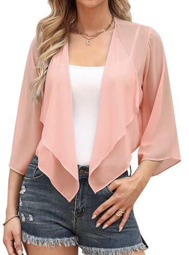 Aottori Bolero Mujer Verano Gasa Chaqueta Manga 3/4 Fiesta Toreras Elegante Corta Shrug Tops Casual Ligero Cuello en V Abrigo Primavera Otoño Rosa Claro 2 M