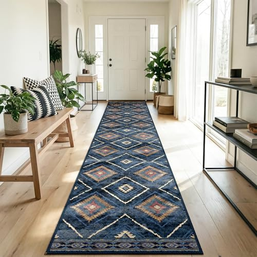 DEFYNEE Teppich Läufer Flur 60 x 240 cm, rutschfest Küchenläufer, Kurzflor Teppichläufer, Waschbar, Faltbar, Boho Design – für Flur, Küche, Wohnzimmer & Büro, Dunkelblau